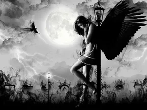 Dark Angel With Full Moon Wallpaper
