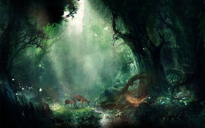 Deer Animals Forest Trees Graphics Art Wallpaper