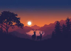 Deer In Forest Sunset Sky Wallpaper