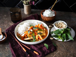 Delicious Salmon Red Thai Curry With Baby Corn Wallpaper