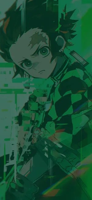 Demon Slayer Green Glitch Art Wallpaper