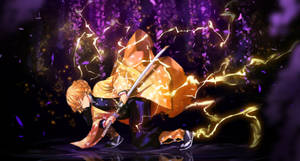 Demon Slayer Zenitsu Lightning In Purple Art Wallpaper
