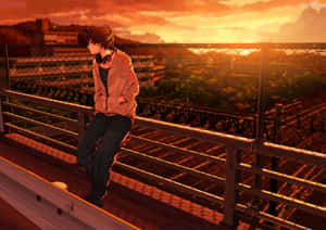 Depressed Anime Boy On Railing At Sunset Wallpaper