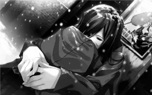Depressed Anime Girl Snow Monochrome Art Wallpaper