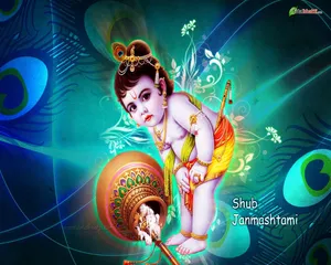 Divine Little Krishna With Lush Green Peacock Pattern Wallpaper