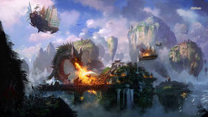 Dragon Fire Floating Islands Wallpaper