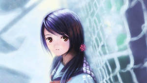 Dreamy Pretty Girl Cartoon At Grid Fence Wallpaper