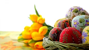 Easter Eggs And Yellow Tulips Wallpaper
