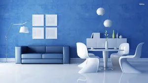 Elegant White And Blue Living Room Interior Wallpaper