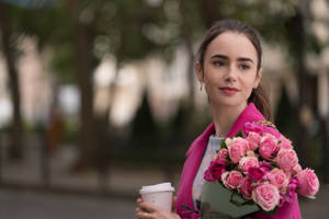 Emily In Paris With Pink Roses Wallpaper