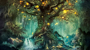 Enchanted Forest With A Giant Tree Wallpaper