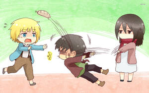 Eren Armin Mikasa Cute Fight Wallpaper