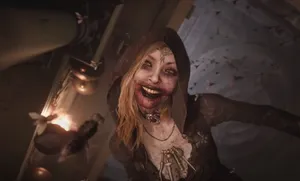 Ethan Winters Encountering Lady Dimitrescu In Resident Evil Village Wallpaper