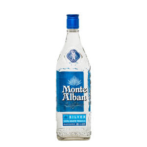 Exquisite Monte Alban Silver Tequila With Blue Tin Cap Against A White Background. Wallpaper