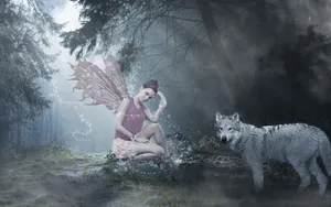 Fairy And Wolf In An Enchanted Forest Wallpaper