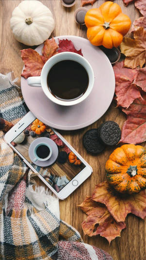 Fall Aesthetic Iphone Coffee Pumpkins Wallpaper