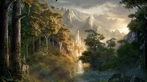 Fantasy City In Mountains Wallpaper