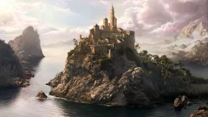 Fantasy Fortress On Island Wallpaper