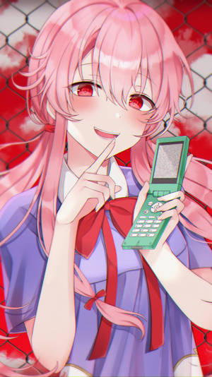 Fashionably Lethal - Yuno Gasai Holding Her Signature Pink Cellphone. Wallpaper