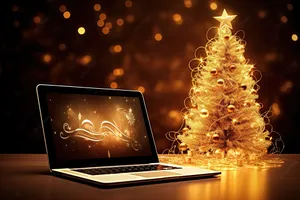 Festive Workstationwith Christmas Tree Wallpaper