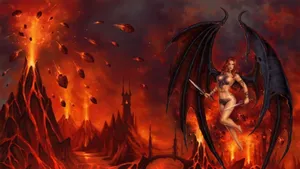 Fire Girl Surrounded By Volcanoes Wallpaper