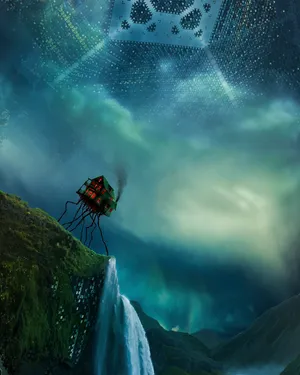 Flaming House Waterfalls Pixel Wallpaper