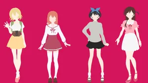 Four Anime Girls Standing In Front Of A Pink Background Wallpaper