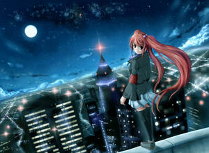 Full Moon Anime City Girl Wallpaper