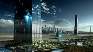 Futuristic City With Glass Windowed Buildings Wallpaper