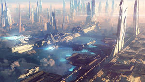 Futuristic City With Tall Buildings Wallpaper