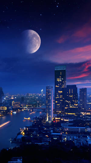 Galaxy Moon In The City Wallpaper