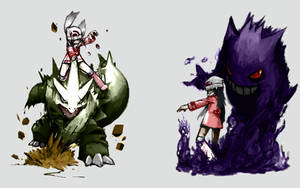 Gengar With Tyranitar And Trainers Wallpaper