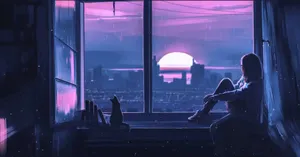 Girl Gazing At The Blue And Purple Sunset Wallpaper