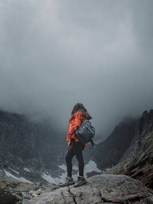 Girl Hiking Alone Mist Wallpaper