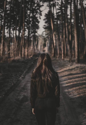 Girl In Forest Path Alone Wallpaper