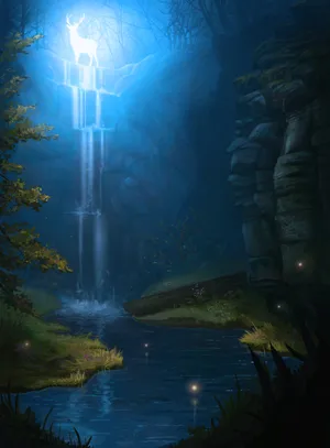 Glowing Deer Above Waterfall Wallpaper