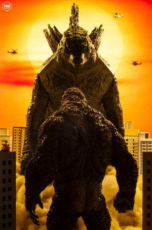 Godzilla Vs Kong Battling During Sunset Wallpaper