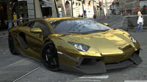 Gold Cars Lamborghini Aventador In City Wallpaper