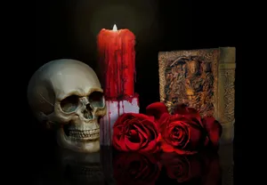 Gold Skulls And Red Roses Wallpaper