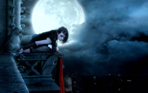 Gothic Girl On Cityscape Moon Wallpaper