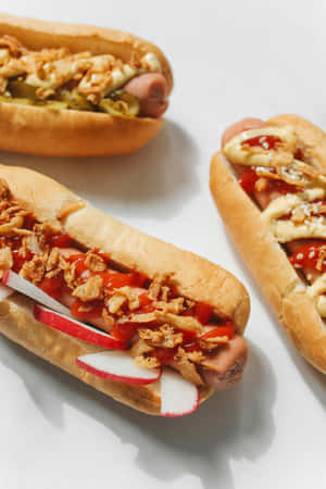 Gourmet Hot Dogs Top View Wallpaper