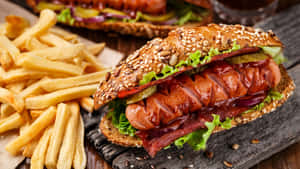 Gourmet Hot Dogwith Fries Wallpaper