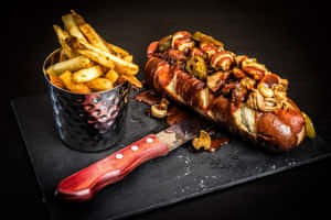 Gourmet Hot Dogwith Fries Wallpaper