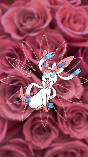 Graceful Sylveon Fluttering Amongst Pink Roses Wallpaper