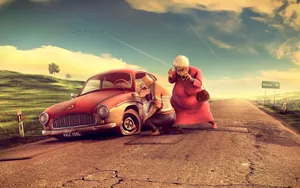 Grandma Power Pushing Car Vintage Cartoon Wallpaper