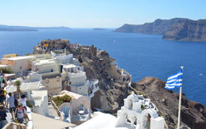 Greek Flag Santorini View Wallpaper