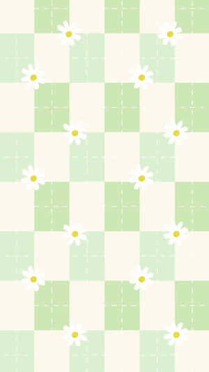 Green White Checkered Daisy Pattern Wallpaper