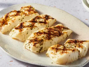Grilled Halibut Steaks Plate Wallpaper