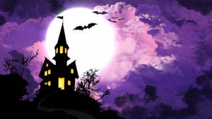 Halloween House Purple Sky Wallpaper