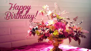 Happy Birthday Flower On Gold Vase Wallpaper